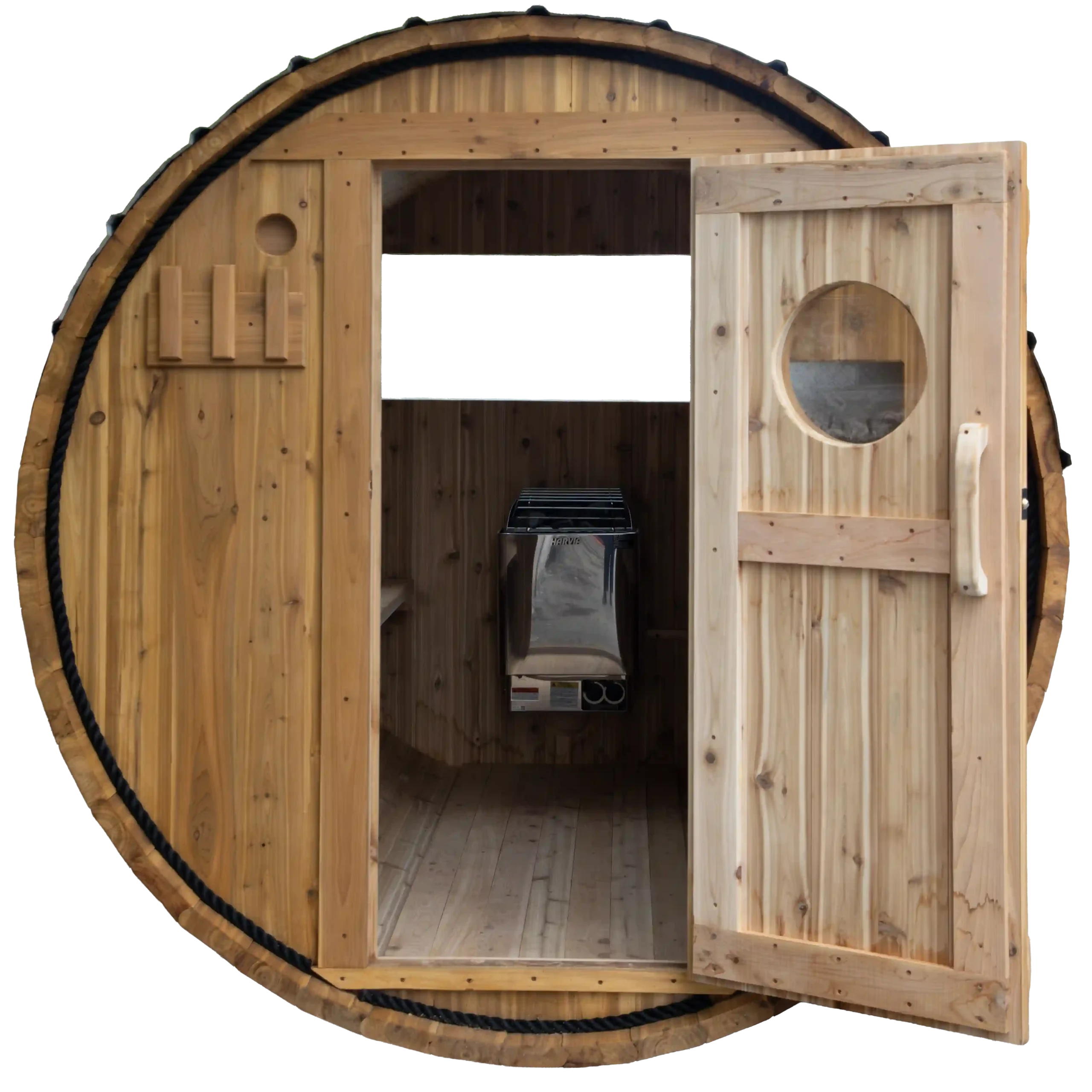 Front view of Arctic Home's Alaska-made traditional steam outdoor barrel sauna, with the door open.