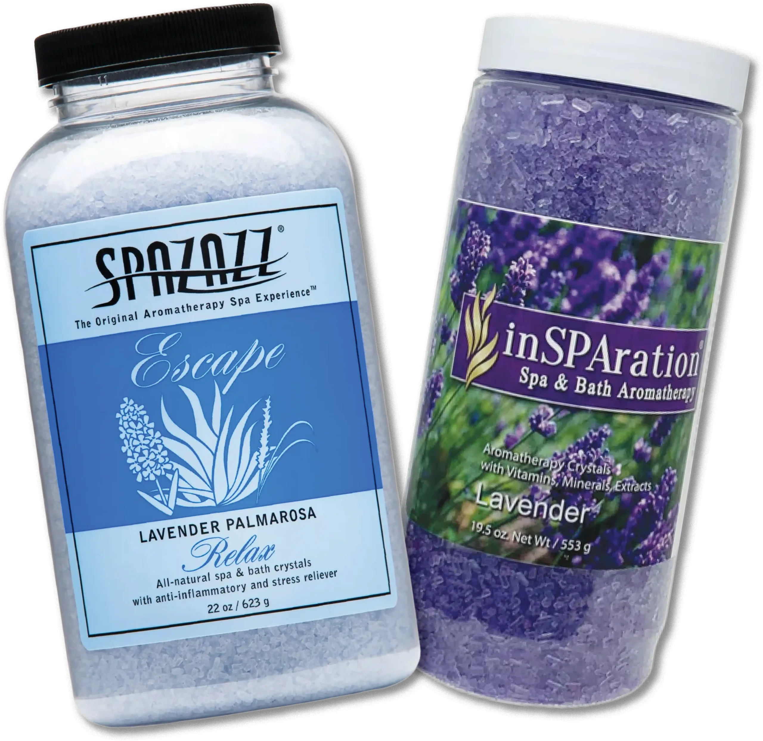 Spazazz and insparation spa and bath crystals isolated on transparent background.
