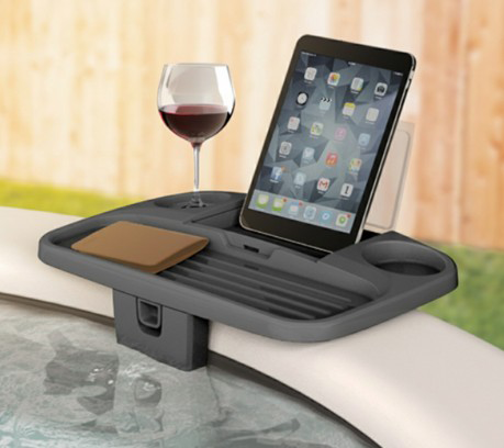 Spa Tray Table with glass of wine and iPad.